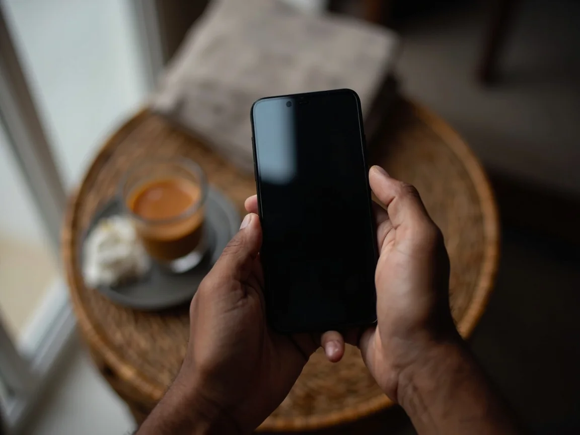Hands holding an Android device over a side table, the screen is dark and inactive